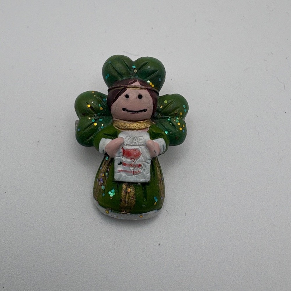 Vintage St Patricks Day Shamrock March Angel Pin Green Glitter Resin Cute Brooch